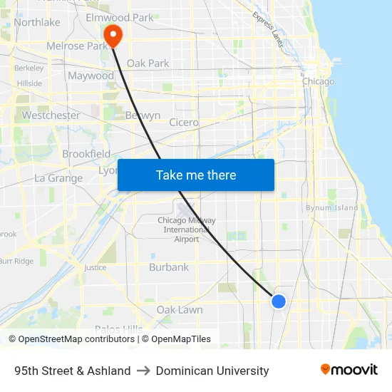 95th Street & Ashland to Dominican University map