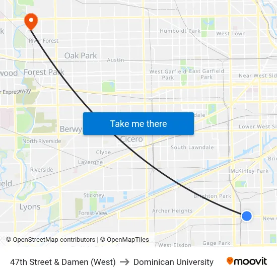 47th Street & Damen (West) to Dominican University map