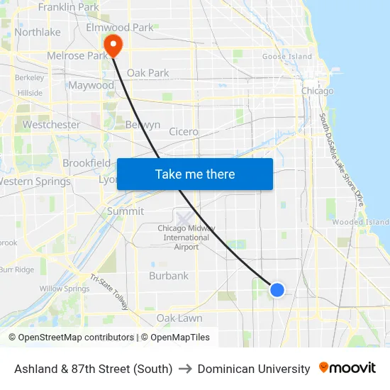 Ashland & 87th Street (South) to Dominican University map