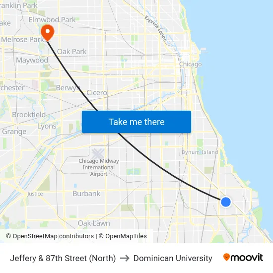 Jeffery & 87th Street (North) to Dominican University map