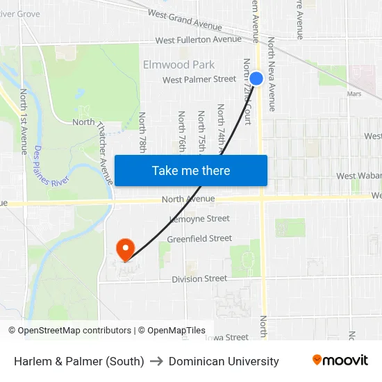 Harlem & Palmer (South) to Dominican University map
