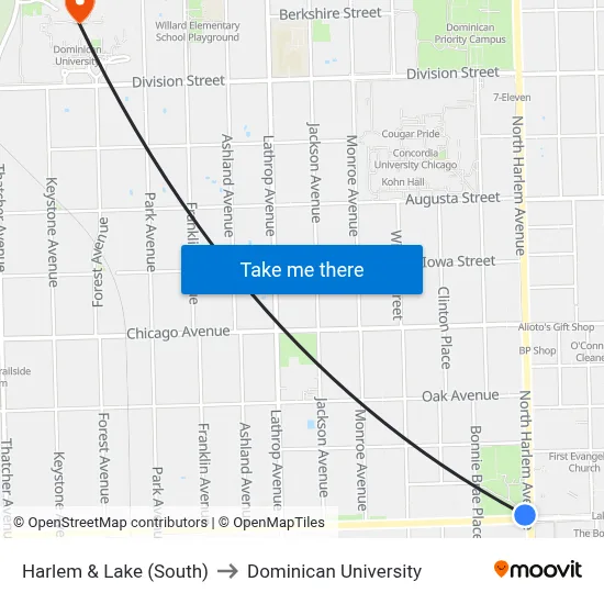 Harlem & Lake (South) to Dominican University map