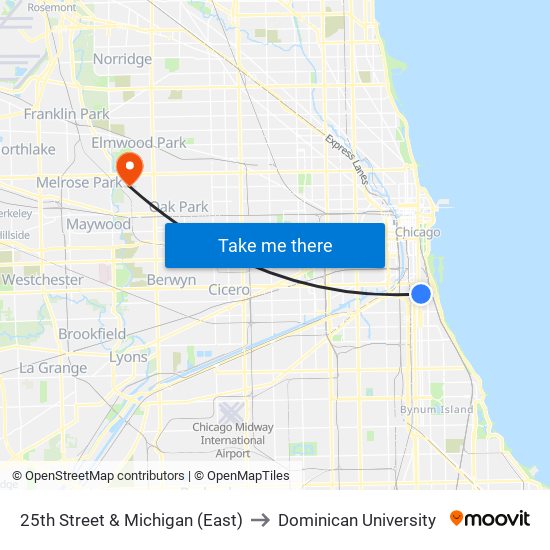 25th Street & Michigan (East) to Dominican University map