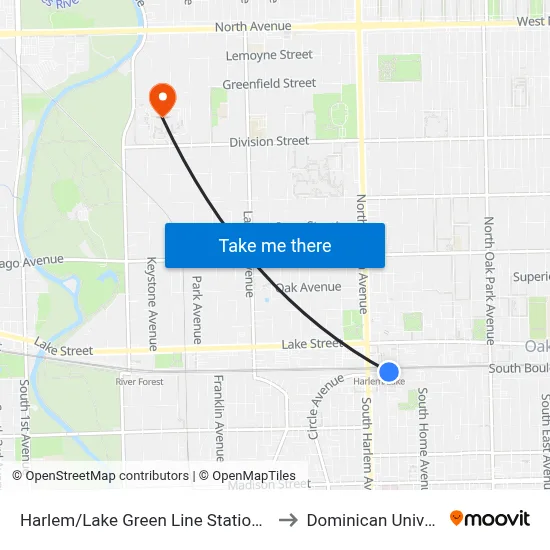 Harlem/Lake Green Line Station (West) to Dominican University map