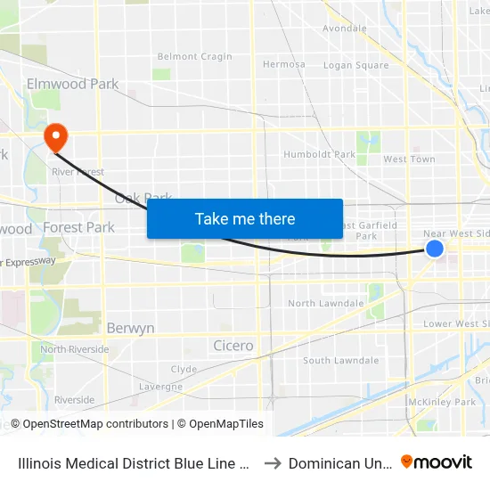 Illinois Medical District Blue Line Station (North) to Dominican University map