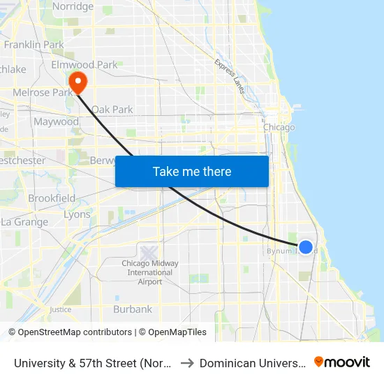 University & 57th Street (North) to Dominican University map