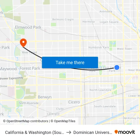 California & Washington (South) to Dominican University map
