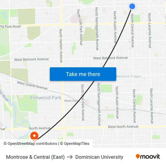 Montrose & Central (East) to Dominican University map