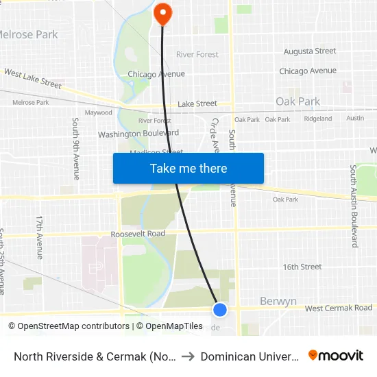 North Riverside & Cermak (North) to Dominican University map