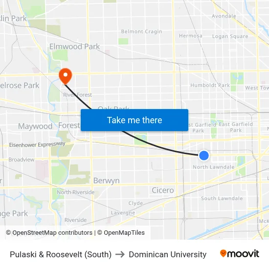 Pulaski & Roosevelt (South) to Dominican University map