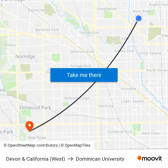 Devon & California (West) to Dominican University map
