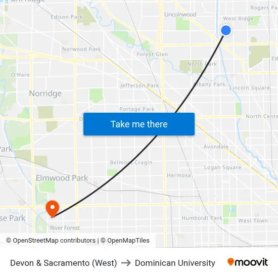 Devon & Sacramento (West) to Dominican University map