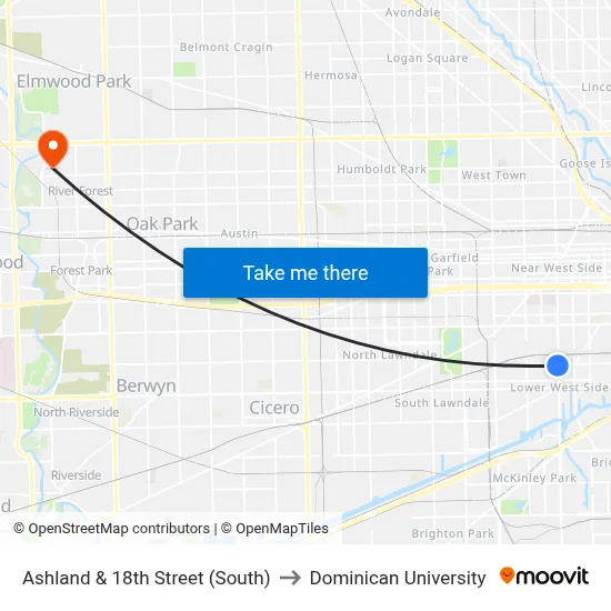 Ashland & 18th Street (South) to Dominican University map