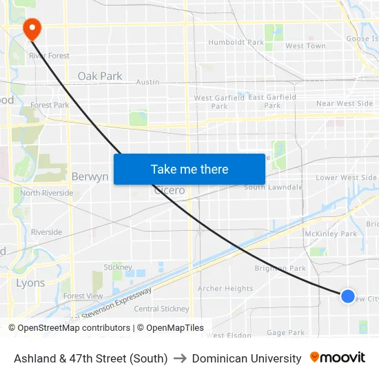 Ashland & 47th Street (South) to Dominican University map