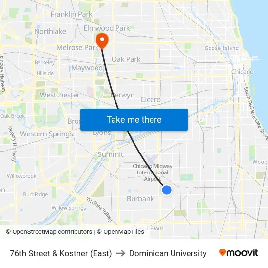 76th Street & Kostner (East) to Dominican University map