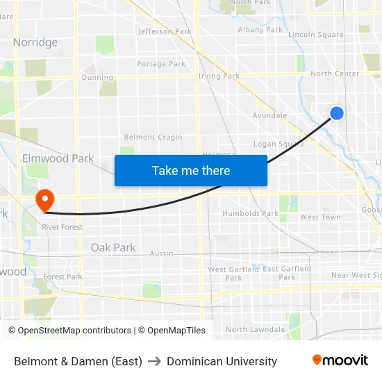 Belmont & Damen (East) to Dominican University map