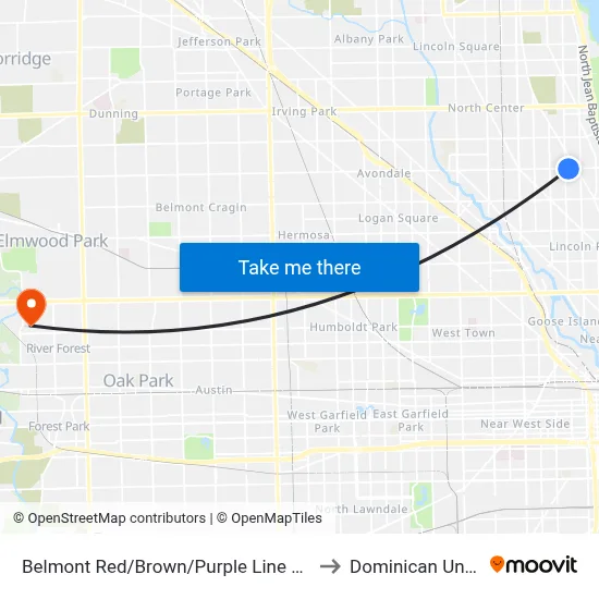 Belmont Red/Brown/Purple Line Station (East) to Dominican University map