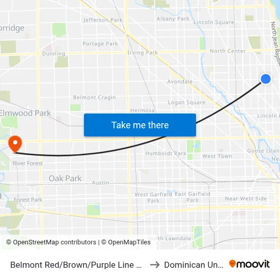 Belmont Red/Brown/Purple Line Station (West) to Dominican University map