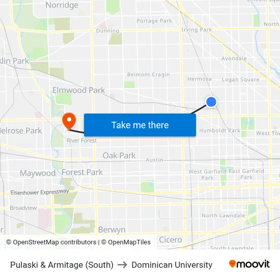Pulaski & Armitage (South) to Dominican University map