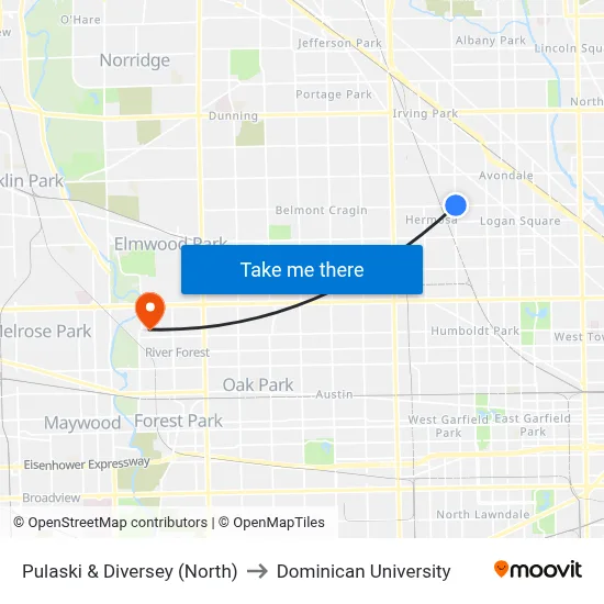 Pulaski & Diversey (North) to Dominican University map