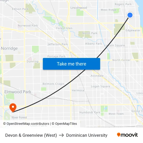 Devon & Greenview (West) to Dominican University map