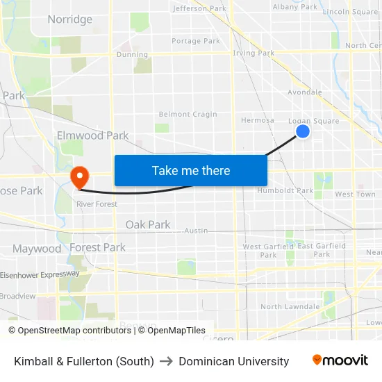 Kimball & Fullerton (South) to Dominican University map