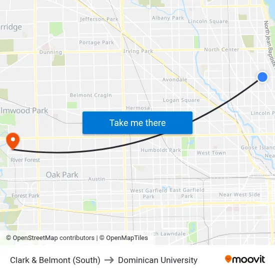 Clark & Belmont (South) to Dominican University map