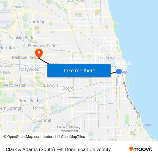 Clark & Adams (South) to Dominican University map