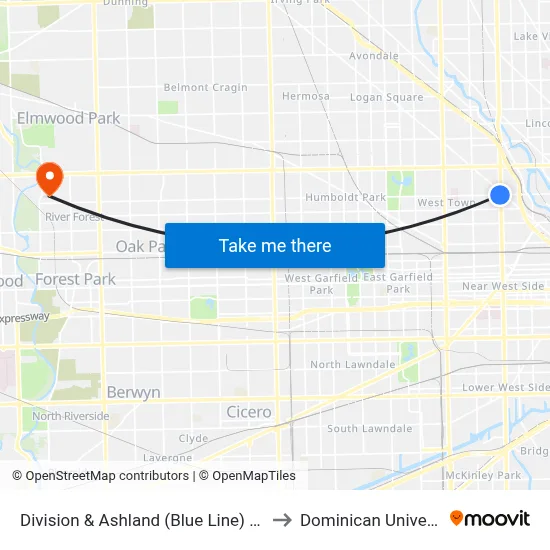 Division & Ashland (Blue Line) (East) to Dominican University map