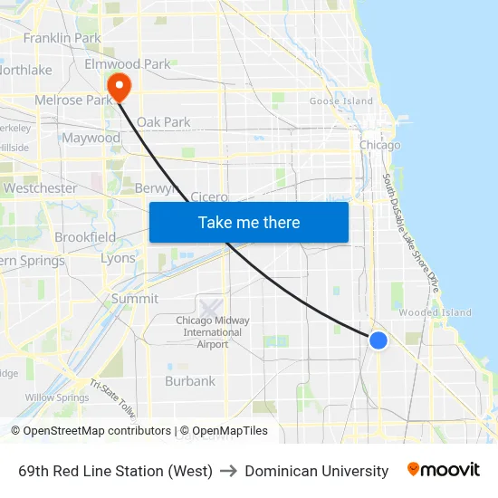 69th Red Line Station (West) to Dominican University map
