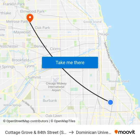 Cottage Grove & 84th Street (South) to Dominican University map