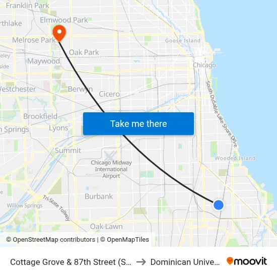 Cottage Grove & 87th Street (South) to Dominican University map