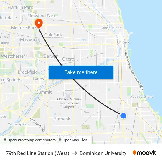 79th Red Line Station (West) to Dominican University map