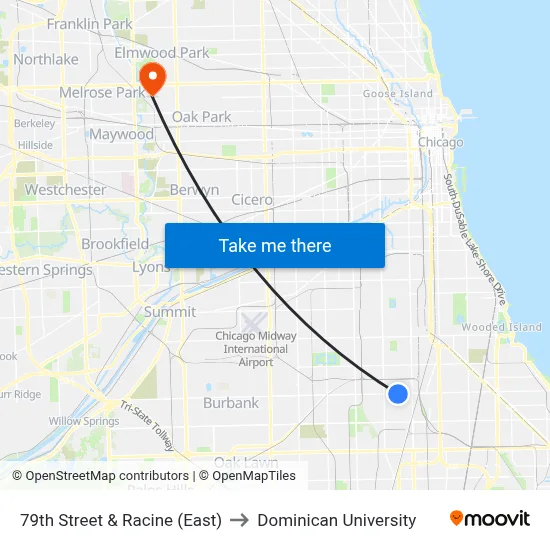 79th Street & Racine (East) to Dominican University map