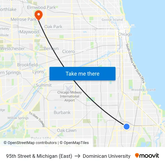 95th Street & Michigan (East) to Dominican University map