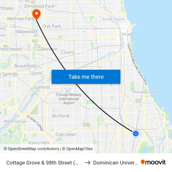 Cottage Grove & 98th Street (North) to Dominican University map