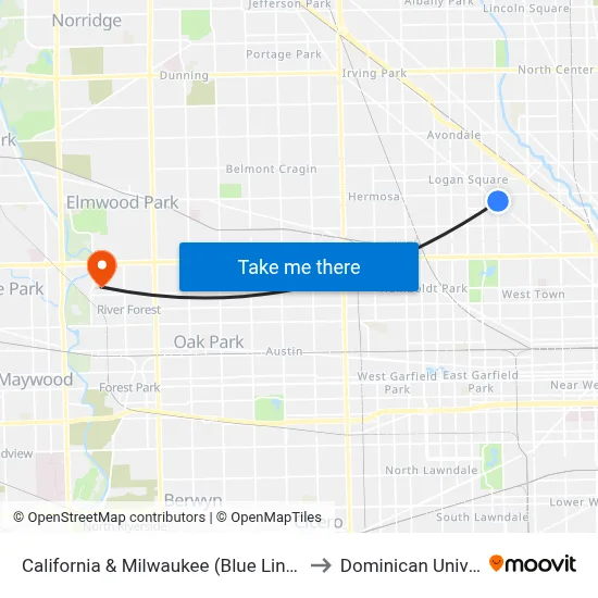 California & Milwaukee (Blue Line) (South) to Dominican University map