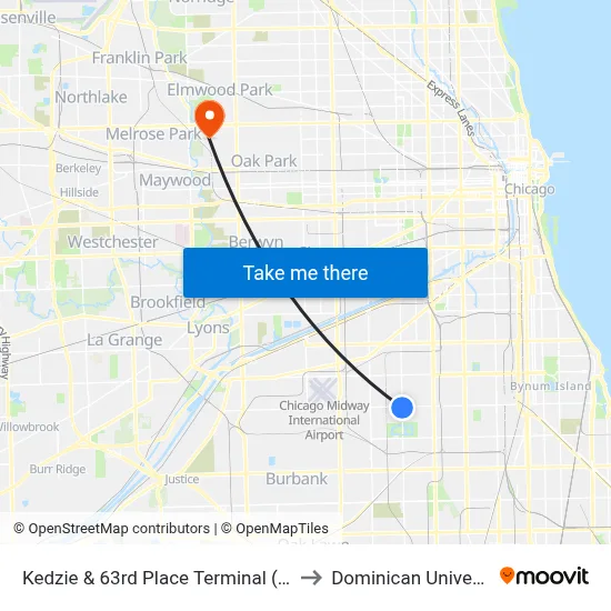 Kedzie & 63rd Place Terminal (East) to Dominican University map