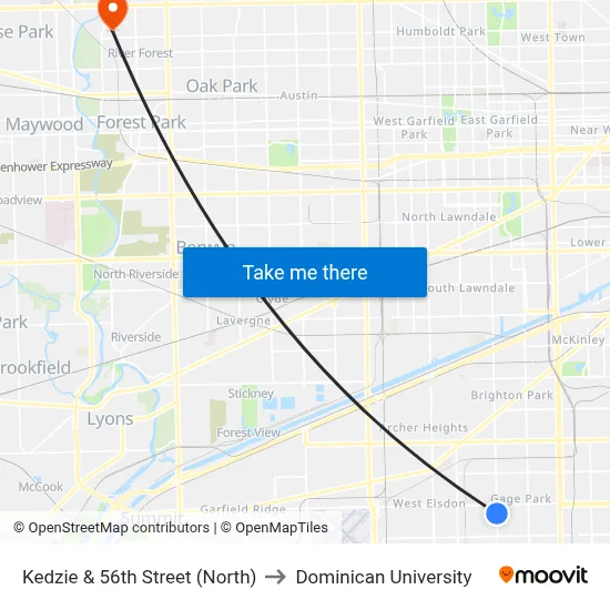Kedzie & 56th Street (North) to Dominican University map