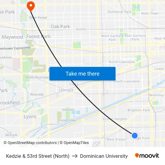 Kedzie & 53rd Street (North) to Dominican University map