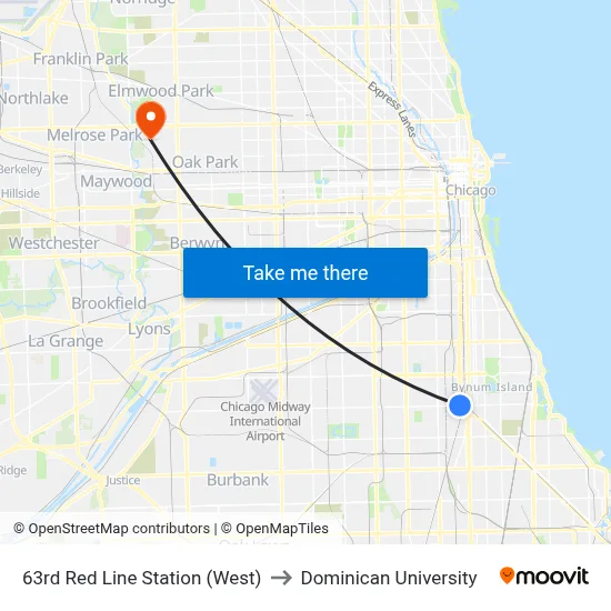 63rd Red Line Station (West) to Dominican University map