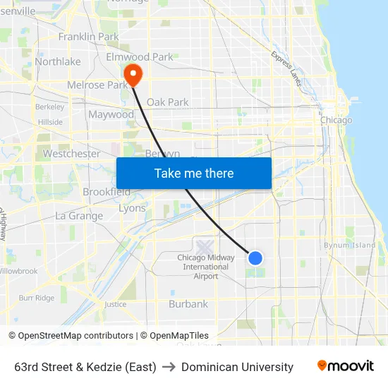 63rd Street & Kedzie (East) to Dominican University map