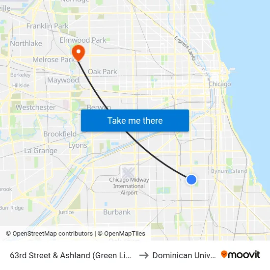 63rd Street & Ashland (Green Line) (East) to Dominican University map