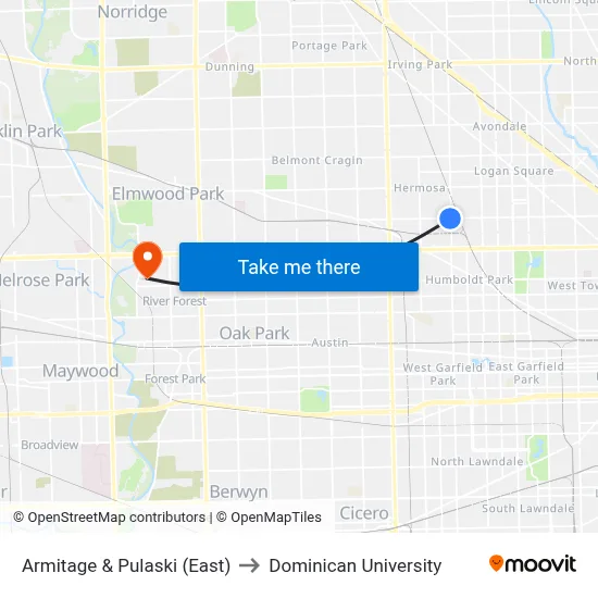 Armitage & Pulaski (East) to Dominican University map
