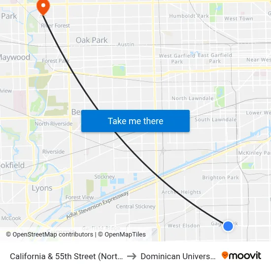 California & 55th Street (North) to Dominican University map