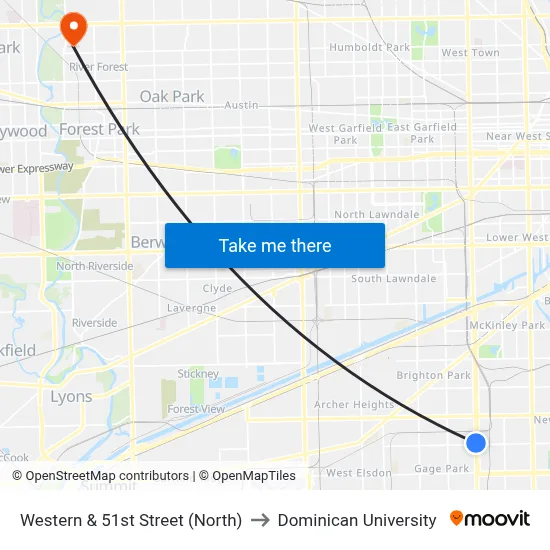 Western & 51st Street (North) to Dominican University map