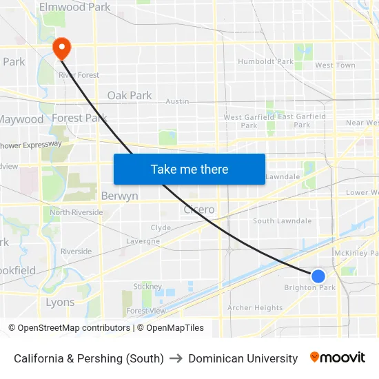 California & Pershing (South) to Dominican University map