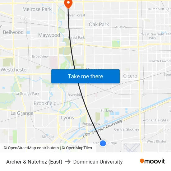 Archer & Natchez (East) to Dominican University map