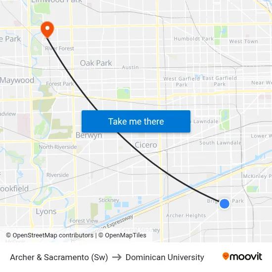 Archer & Sacramento (Sw) to Dominican University map