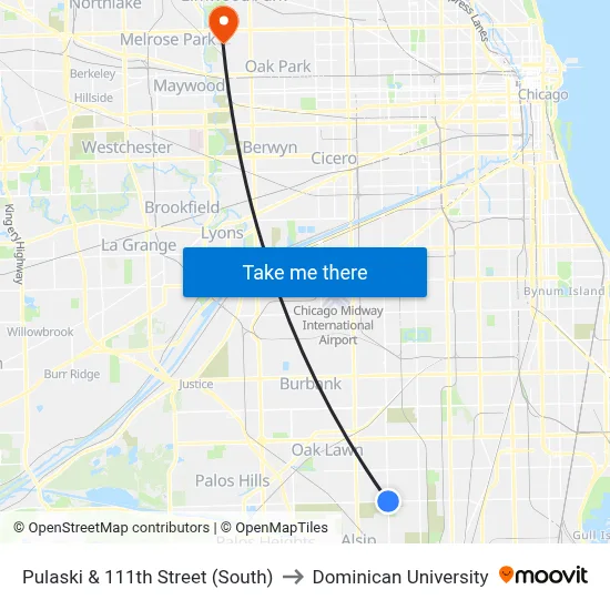 Pulaski & 111th Street (South) to Dominican University map